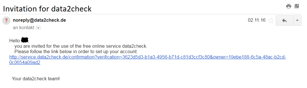 Registration e-mail from data2check