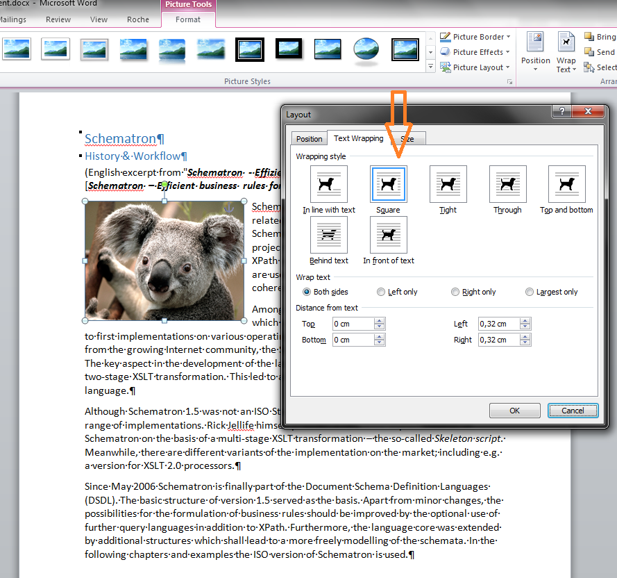 Positioning a picture in Word; layout option »With Text Wrapping«
