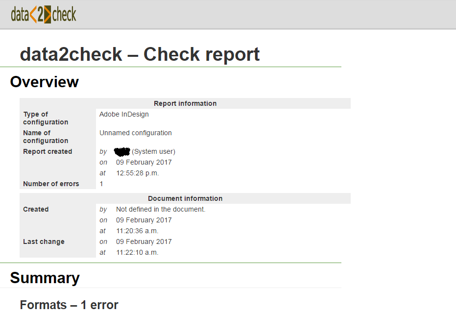The formatted check report in HTML