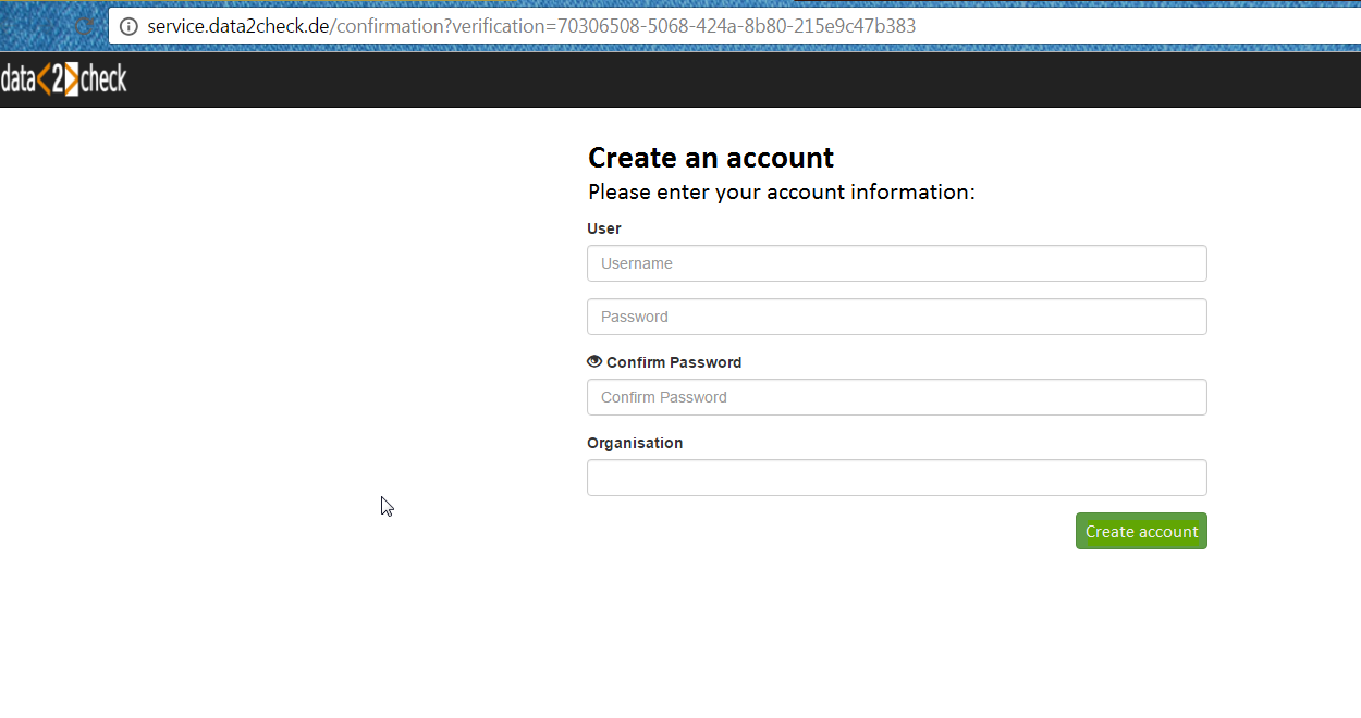 Create your data2check account
