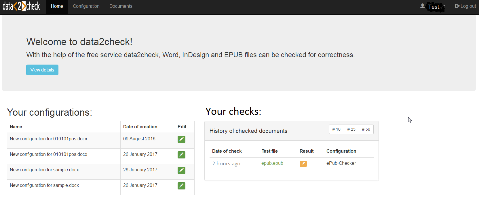 Start page of data2check with entries on checked documents
