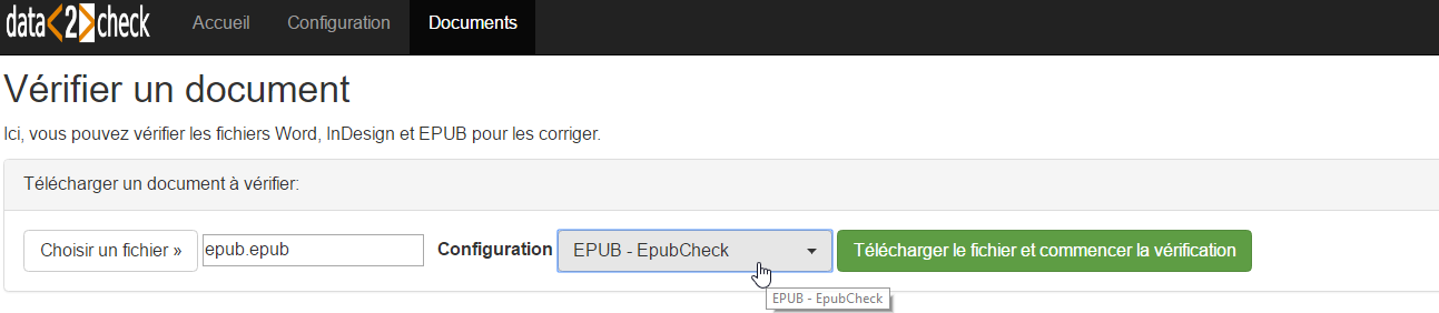 Type de configuration disponible après la sélection d'un document EPUB
